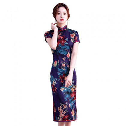 Hangzhou Floral Purple Silk Midi Cheongsam 1034-82 Hangzhou Floral Purple Silk Midi Cheongsam 1034-82