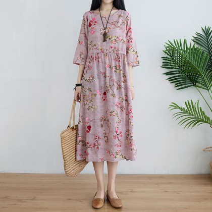 Korean 3/4 Sleeve Dark Pink Floral Swing Dress 3033-22 (Thin Linen Fabric) Korean 3/4 Sleeve Dark Pink Floral Swing Dress 3033-22 (Thin Linen Fabric)