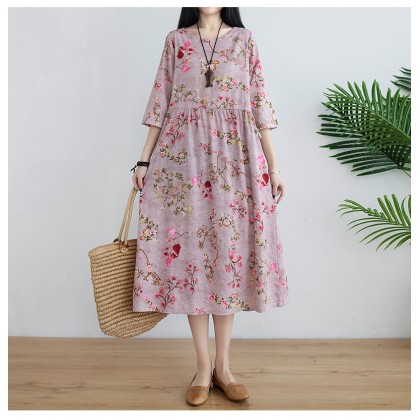 Korean 3/4 Sleeve Dark Pink Floral Swing Dress 3033-22 (Thin Linen Fabric) Korean 3/4 Sleeve Dark Pink Floral Swing Dress 3033-22 (Thin Linen Fabric)