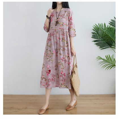 Korean 3/4 Sleeve Dark Pink Floral Swing Dress 3033-22 (Thin Linen Fabric) Korean 3/4 Sleeve Dark Pink Floral Swing Dress 3033-22 (Thin Linen Fabric)