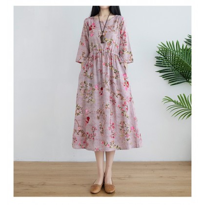 Korean 3/4 Sleeve Dark Pink Floral Swing Dress 3033-22 (Thin Linen Fabric) Korean 3/4 Sleeve Dark Pink Floral Swing Dress 3033-22 (Thin Linen Fabric)