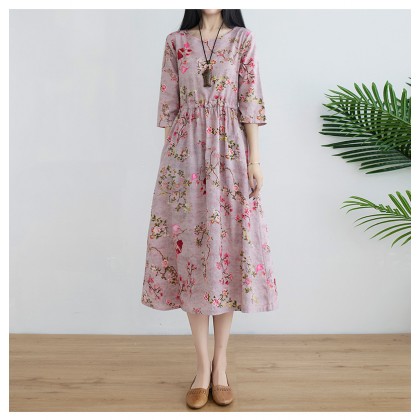 Korean 3/4 Sleeve Dark Pink Floral Swing Dress 3033-22 (Thin Linen Fabric) Korean 3/4 Sleeve Dark Pink Floral Swing Dress 3033-22 (Thin Linen Fabric)
