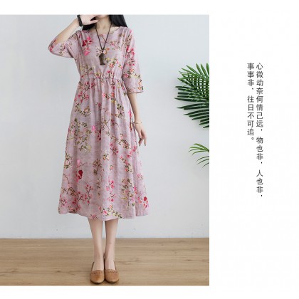 Korean 3/4 Sleeve Dark Pink Floral Swing Dress 3033-22 (Thin Linen Fabric) Korean 3/4 Sleeve Dark Pink Floral Swing Dress 3033-22 (Thin Linen Fabric)