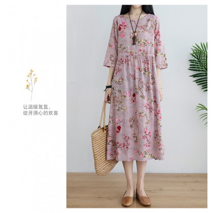 Korean 3/4 Sleeve Dark Pink Floral Swing Dress 3033-22 (Thin Linen Fabric) Korean 3/4 Sleeve Dark Pink Floral Swing Dress 3033-22 (Thin Linen Fabric)
