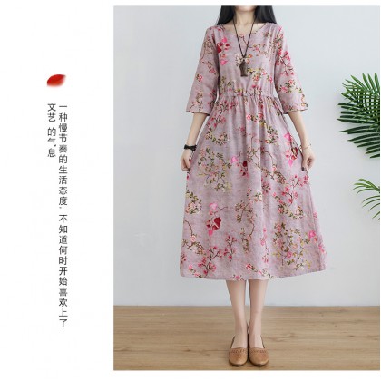 Korean 3/4 Sleeve Dark Pink Floral Swing Dress 3033-22 (Thin Linen Fabric) Korean 3/4 Sleeve Dark Pink Floral Swing Dress 3033-22 (Thin Linen Fabric)