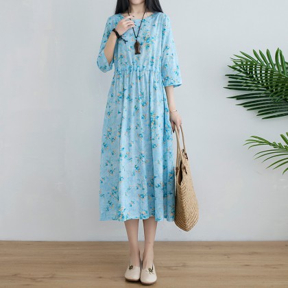 Korean 3/4 Sleeve Sky Blue Floral Swing Dress 3033-72 (Thin Linen Fabric) Korean 3/4 Sleeve Sky Blue Floral Swing Dress 3033-72 (Thin Linen Fabric)