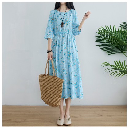 Korean 3/4 Sleeve Sky Blue Floral Swing Dress 3033-72 (Thin Linen Fabric) Korean 3/4 Sleeve Sky Blue Floral Swing Dress 3033-72 (Thin Linen Fabric)