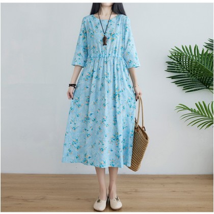 Korean 3/4 Sleeve Sky Blue Floral Swing Dress 3033-72 (Thin Linen Fabric) Korean 3/4 Sleeve Sky Blue Floral Swing Dress 3033-72 (Thin Linen Fabric)