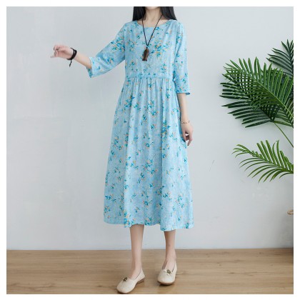 Korean 3/4 Sleeve Sky Blue Floral Swing Dress 3033-72 (Thin Linen Fabric) Korean 3/4 Sleeve Sky Blue Floral Swing Dress 3033-72 (Thin Linen Fabric)