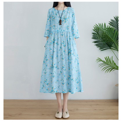 Korean 3/4 Sleeve Sky Blue Floral Swing Dress 3033-72 (Thin Linen Fabric) Korean 3/4 Sleeve Sky Blue Floral Swing Dress 3033-72 (Thin Linen Fabric)