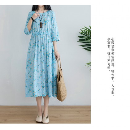 Korean 3/4 Sleeve Sky Blue Floral Swing Dress 3033-72 (Thin Linen Fabric) Korean 3/4 Sleeve Sky Blue Floral Swing Dress 3033-72 (Thin Linen Fabric)
