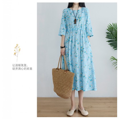 Korean 3/4 Sleeve Sky Blue Floral Swing Dress 3033-72 (Thin Linen Fabric) Korean 3/4 Sleeve Sky Blue Floral Swing Dress 3033-72 (Thin Linen Fabric)