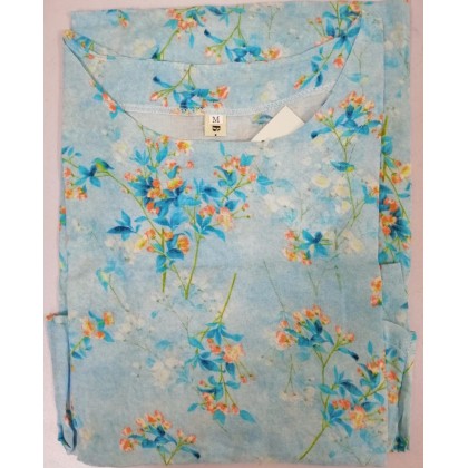 Korean 3/4 Sleeve Sky Blue Floral Swing Dress 3033-72 (Thin Linen Fabric) Korean 3/4 Sleeve Sky Blue Floral Swing Dress 3033-72 (Thin Linen Fabric)