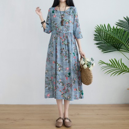 Korean 3/4 Sleeve Grey Blue Floral Swing Dress 3033-90 (Thin Linen Fabric) Korean 3/4 Sleeve Grey Blue Floral Swing Dress 3033-90 (Thin Linen Fabric)