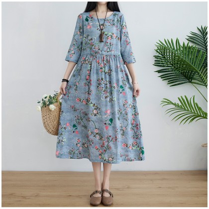 Korean 3/4 Sleeve Grey Blue Floral Swing Dress 3033-90 (Thin Linen Fabric) Korean 3/4 Sleeve Grey Blue Floral Swing Dress 3033-90 (Thin Linen Fabric)