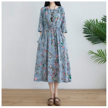 Korean 3/4 Sleeve Grey Blue Floral Swing Dress 3033-90 (Thin Linen Fabric) Korean 3/4 Sleeve Grey Blue Floral Swing Dress 3033-90 (Thin Linen Fabric)