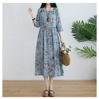 Korean 3/4 Sleeve Grey Blue Floral Swing Dress 3033-90 (Thin Linen Fabric) Korean 3/4 Sleeve Grey Blue Floral Swing Dress 3033-90 (Thin Linen Fabric)