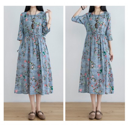 Korean 3/4 Sleeve Grey Blue Floral Swing Dress 3033-90 (Thin Linen Fabric) Korean 3/4 Sleeve Grey Blue Floral Swing Dress 3033-90 (Thin Linen Fabric)