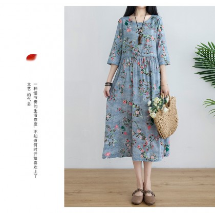Korean 3/4 Sleeve Grey Blue Floral Swing Dress 3033-90 (Thin Linen Fabric) Korean 3/4 Sleeve Grey Blue Floral Swing Dress 3033-90 (Thin Linen Fabric)