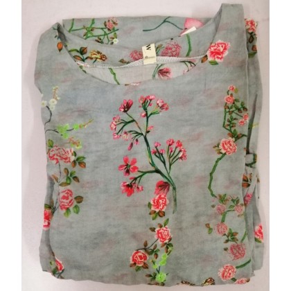 Korean 3/4 Sleeve Grey Blue Floral Swing Dress 3033-90 (Thin Linen Fabric) Korean 3/4 Sleeve Grey Blue Floral Swing Dress 3033-90 (Thin Linen Fabric)