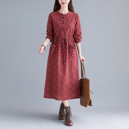 Korean Floral Print Tie-Waist Maroon Midi Dress 3034-29 Korean Floral Print Tie-Waist Maroon Midi Dress 3034-29