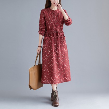 Korean Floral Print Tie-Waist Maroon Midi Dress 3034-29 Korean Floral Print Tie-Waist Maroon Midi Dress 3034-29