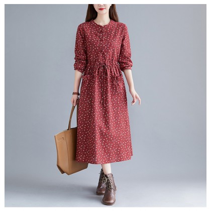 Korean Floral Print Tie-Waist Maroon Midi Dress 3034-29 Korean Floral Print Tie-Waist Maroon Midi Dress 3034-29