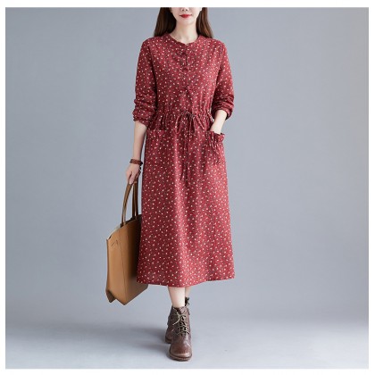 Korean Floral Print Tie-Waist Maroon Midi Dress 3034-29 Korean Floral Print Tie-Waist Maroon Midi Dress 3034-29