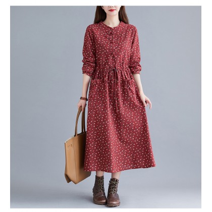 Korean Floral Print Tie-Waist Maroon Midi Dress 3034-29 Korean Floral Print Tie-Waist Maroon Midi Dress 3034-29