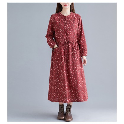 Korean Floral Print Tie-Waist Maroon Midi Dress 3034-29 Korean Floral Print Tie-Waist Maroon Midi Dress 3034-29