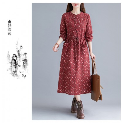 Korean Floral Print Tie-Waist Maroon Midi Dress 3034-29 Korean Floral Print Tie-Waist Maroon Midi Dress 3034-29