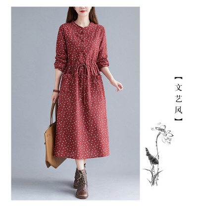 Korean Floral Print Tie-Waist Maroon Midi Dress 3034-29 Korean Floral Print Tie-Waist Maroon Midi Dress 3034-29