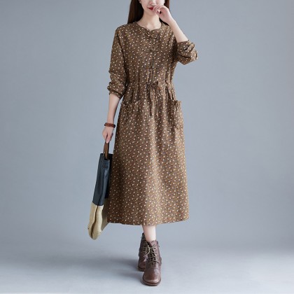 Korean Floral Print Tie-Waist Brown Midi Dress 3034-60