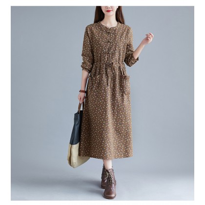 Korean Floral Print Tie-Waist Brown Midi Dress 3034-60
