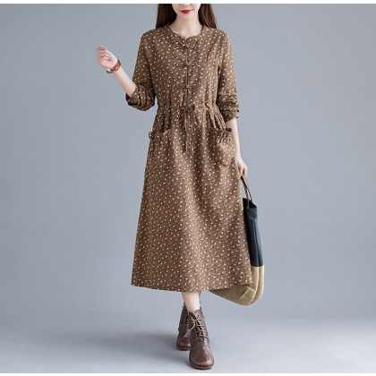 Korean Floral Print Tie-Waist Brown Midi Dress 3034-60