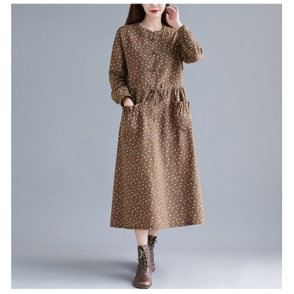 Korean Floral Print Tie-Waist Brown Midi Dress 3034-60