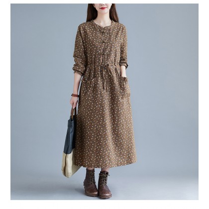 Korean Floral Print Tie-Waist Brown Midi Dress 3034-60