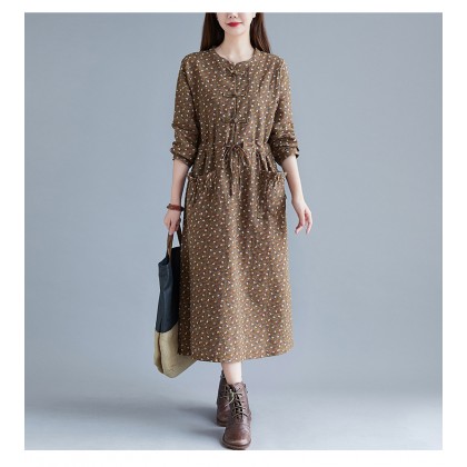 Korean Floral Print Tie-Waist Brown Midi Dress 3034-60
