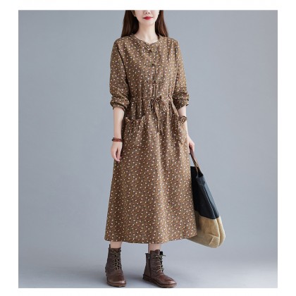Korean Floral Print Tie-Waist Brown Midi Dress 3034-60