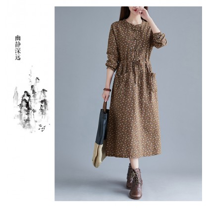 Korean Floral Print Tie-Waist Brown Midi Dress 3034-60