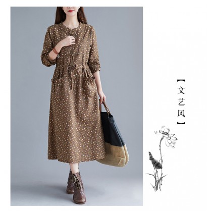 Korean Floral Print Tie-Waist Brown Midi Dress 3034-60