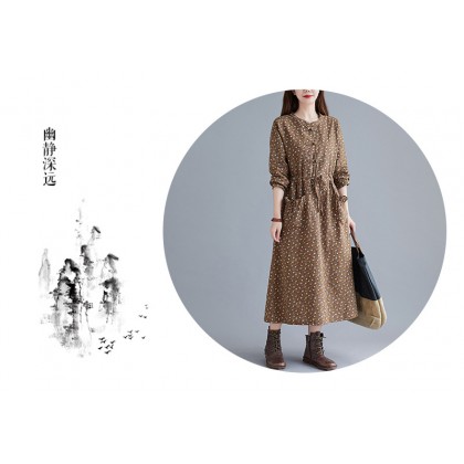 Korean Floral Print Tie-Waist Brown Midi Dress 3034-60