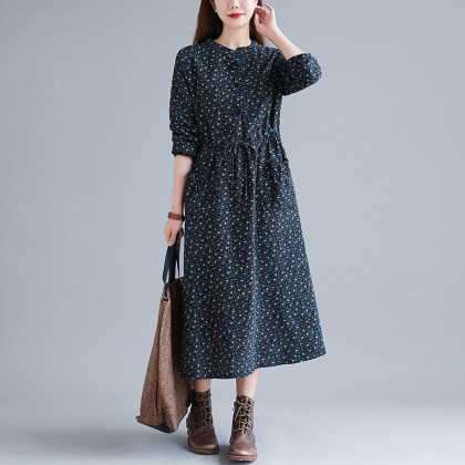 Korean Floral Print Tie-Waist Navy Midi Dress 3034-76 Korean Floral Print Tie-Waist Navy Midi Dress 3034-76