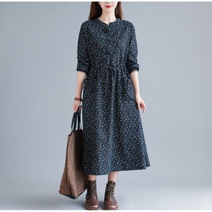Korean Floral Print Tie-Waist Navy Midi Dress 3034-76 Korean Floral Print Tie-Waist Navy Midi Dress 3034-76