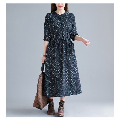 Korean Floral Print Tie-Waist Navy Midi Dress 3034-76 Korean Floral Print Tie-Waist Navy Midi Dress 3034-76