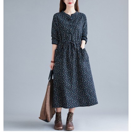 Korean Floral Print Tie-Waist Navy Midi Dress 3034-76 Korean Floral Print Tie-Waist Navy Midi Dress 3034-76
