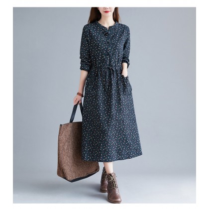 Korean Floral Print Tie-Waist Navy Midi Dress 3034-76 Korean Floral Print Tie-Waist Navy Midi Dress 3034-76