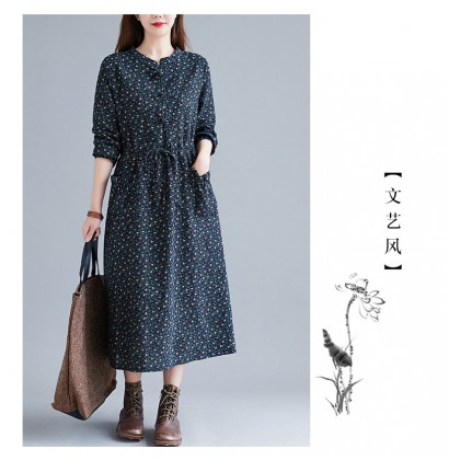 Korean Floral Print Tie-Waist Navy Midi Dress 3034-76 Korean Floral Print Tie-Waist Navy Midi Dress 3034-76