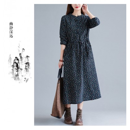 Korean Floral Print Tie-Waist Navy Midi Dress 3034-76 Korean Floral Print Tie-Waist Navy Midi Dress 3034-76