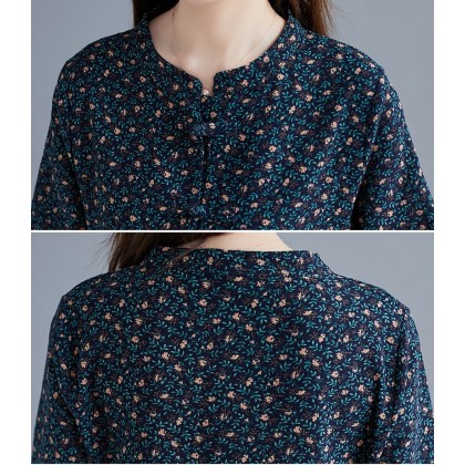 Korean Floral Print Tie-Waist Navy Midi Dress 3034-76 Korean Floral Print Tie-Waist Navy Midi Dress 3034-76